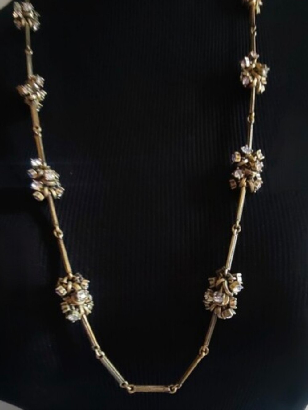 LOFT Vintage Bronze Tone Rhinestone Station Long Geometric Bar Link Necklace